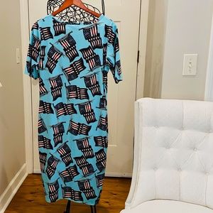 JA28-LulaRoe Tiffany Blue with American Flags T-Shirt Dress